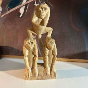 Handcrafted See, hear, & speak no evil wood monkey sculpture Indonesia